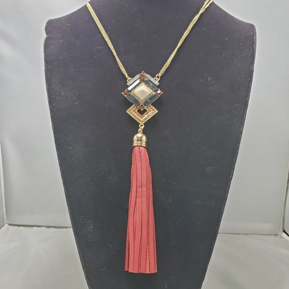 Macy's red leather tassel necklace with gold chain and rhinestones - Picture 1 of 13